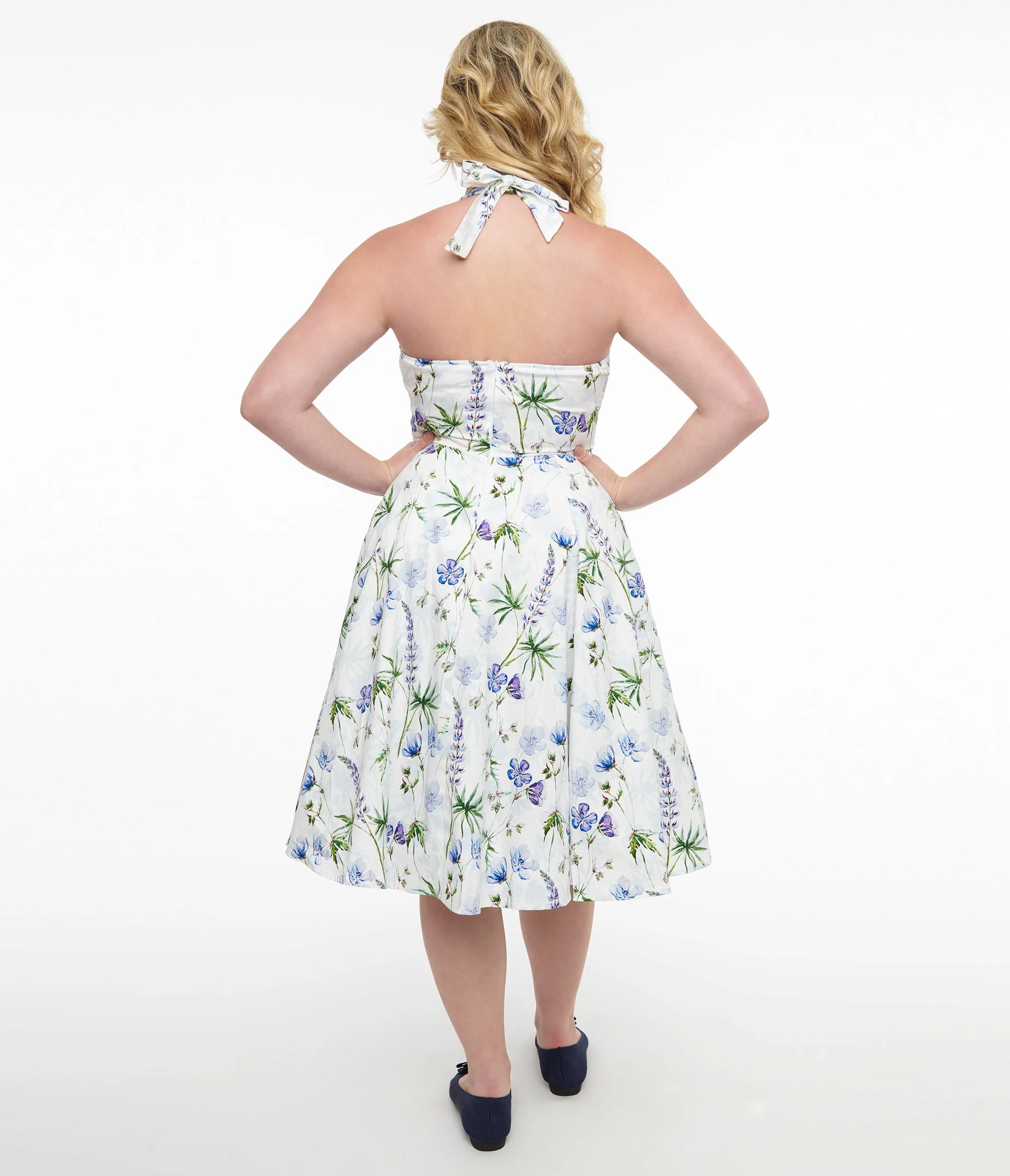 1950s White & Purple Floral Cotton Halter Swing Dress sold by Unique Vintage product image thumbnail 2