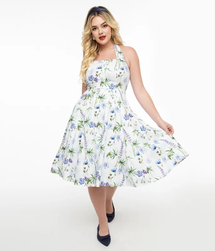 1950s White & Purple Floral Cotton Halter Swing Dress sold by Unique Vintage