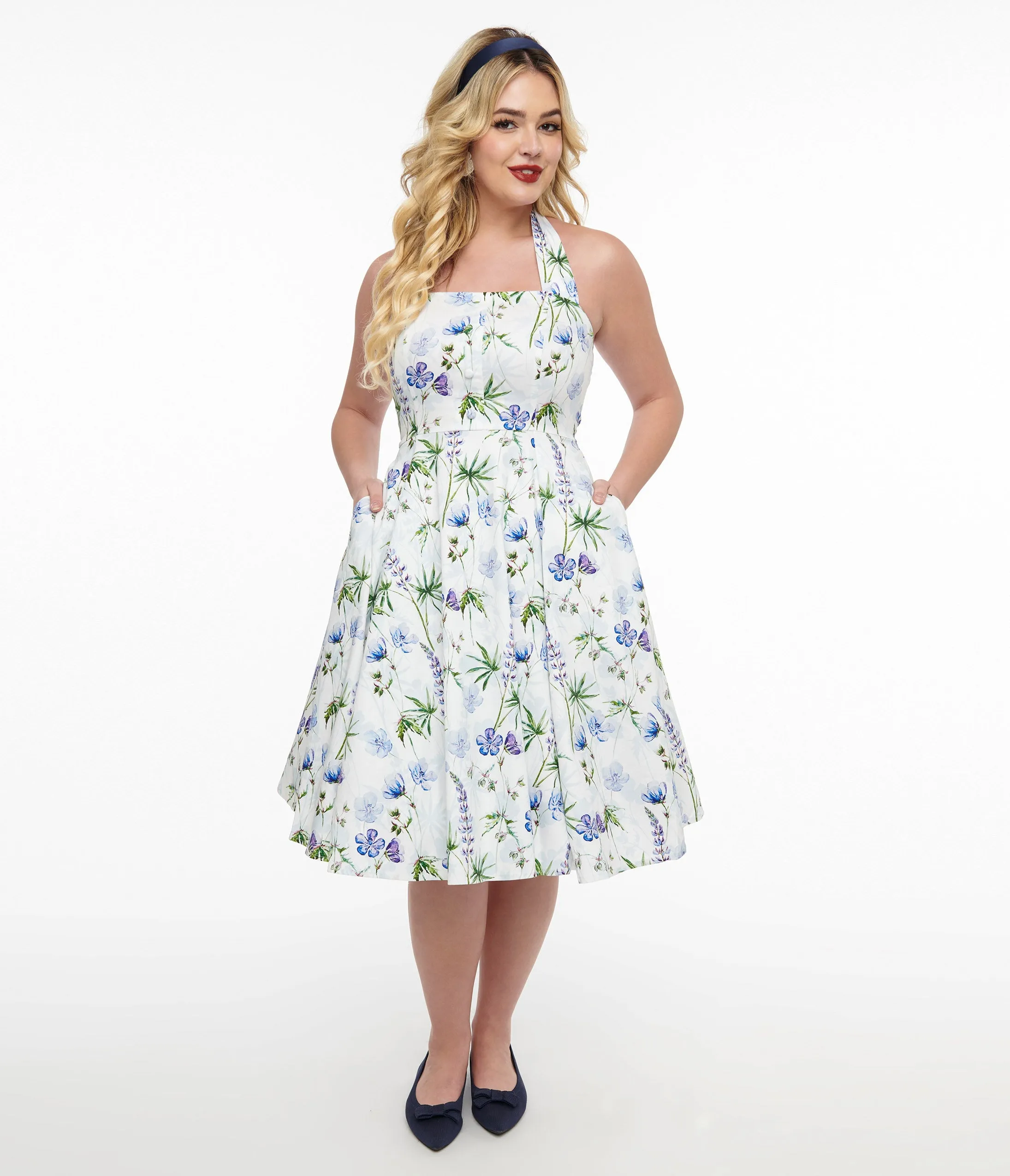 1950s White & Purple Floral Cotton Halter Swing Dress sold by Unique Vintage product image thumbnail 3