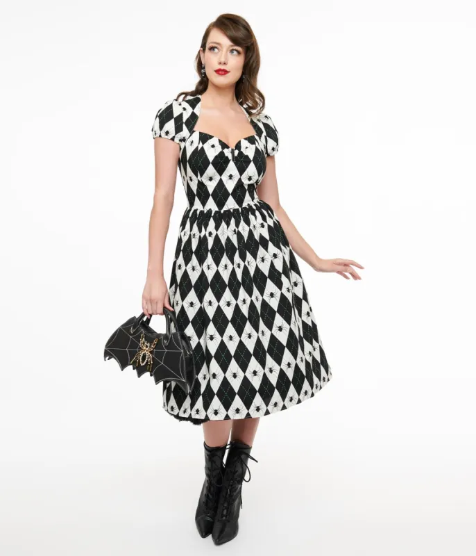 Hell Bunny Black & White Argyle Spider Print Regina Fit & Flare Dress sold by Unique Vintage