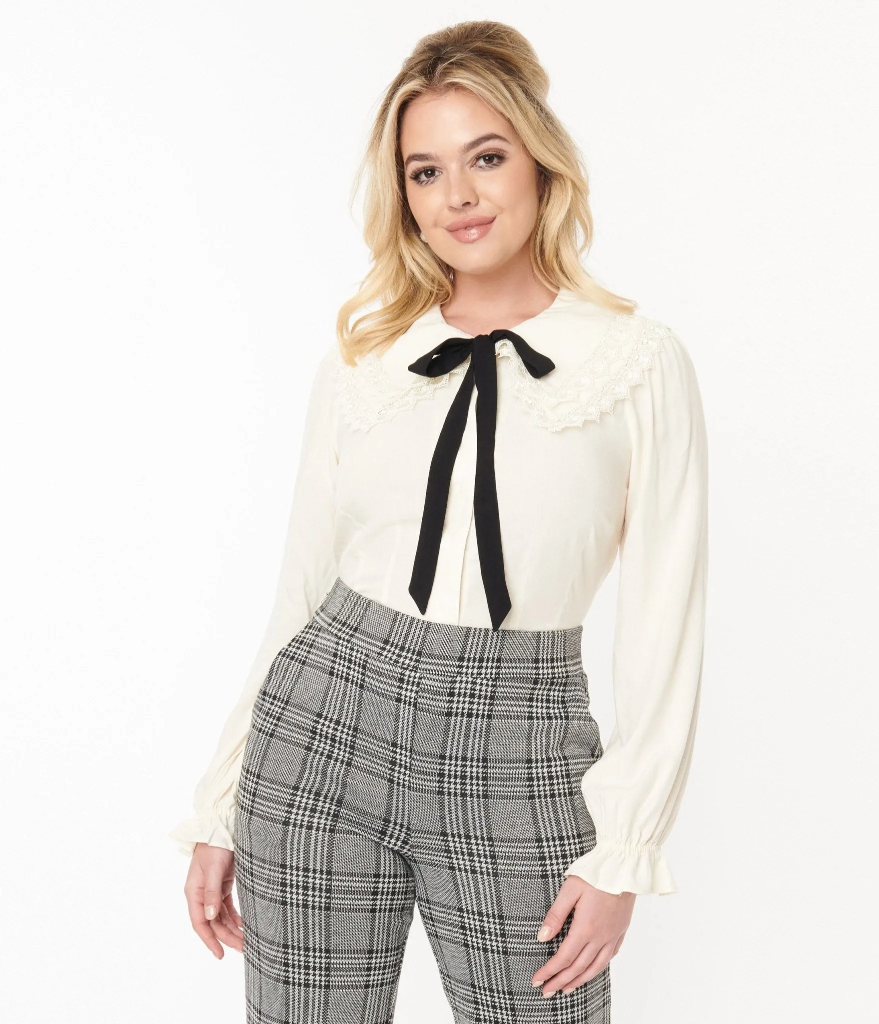 Hell Bunny Cream Peyton Bow Blouse sold by Unique Vintage