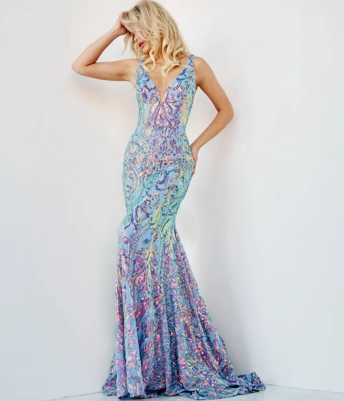 Jovani Iridescent Blue Open Back Evening Gown sold by Unique Vintage
