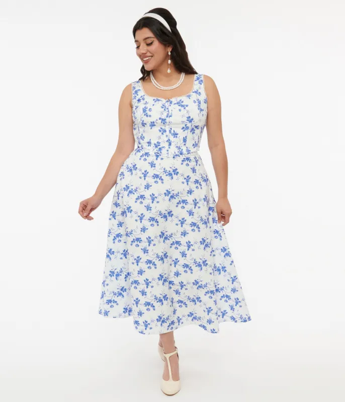 White & Blue Floral Cotton Midi Dress sold by Unique Vintage