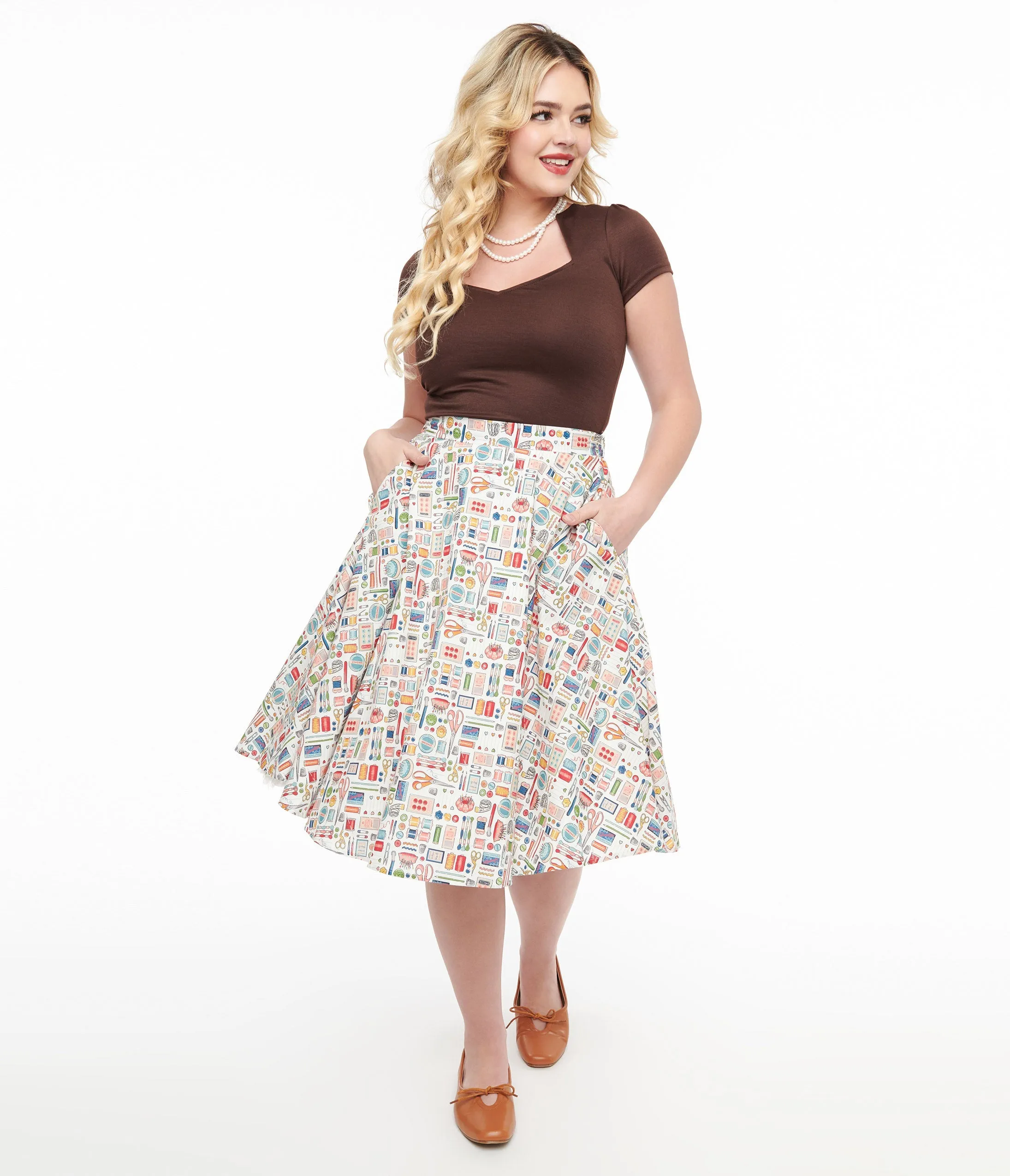 1950s White Sewing Print Cotton Swing Skirt sold by Unique Vintage