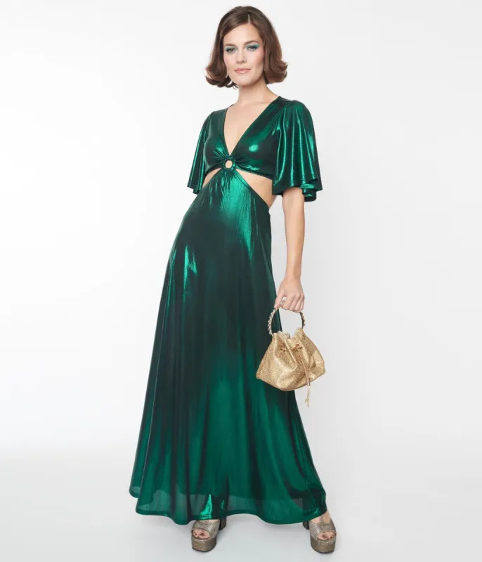 Smak Parlour 1970s Metallic Emerald Green Knit Maxi Dress sold by Unique Vintage