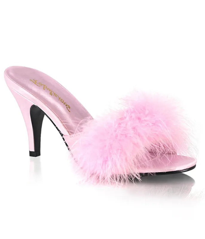 Pink Satin & Marabou Feather Peep Toe Amour Heel Slipper made by Pleaser