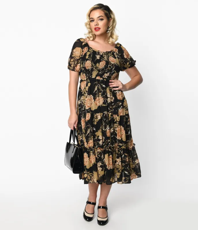 1970s Black & Pink Antique Floral Smocked Puff Sleeve Midi Dress sold by Unique Vintage