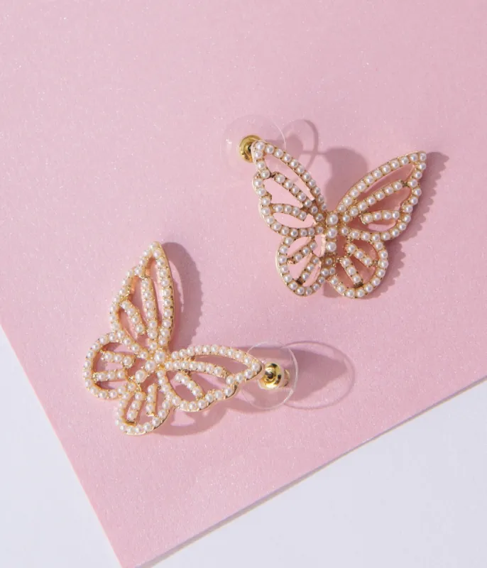 Gold & Faux Pearl Butterfly Cutout Earrings sold by Unique Vintage