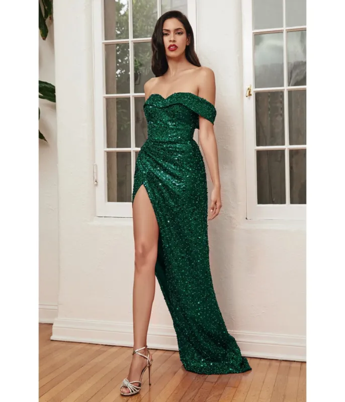 Cinderella Divine Glamorous Emerald Off Shoulder Sequin Prom Gown sold by Unique Vintage