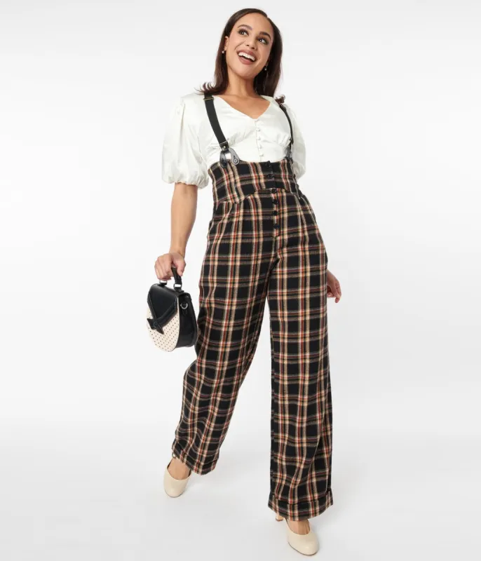 Unique Vintage 1930s Black & Auburn Plaid Thelma Suspender Pants sold by Unique Vintage