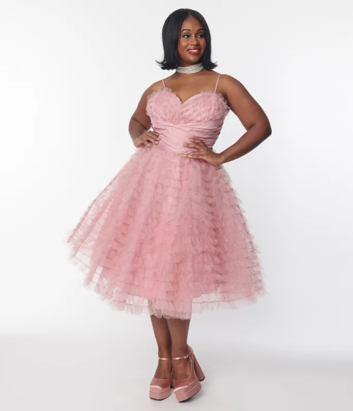 Unique Vintage Plus Size Dusty Rose Glitter Tulle Cupcake Swing Dress sold by Unique Vintage