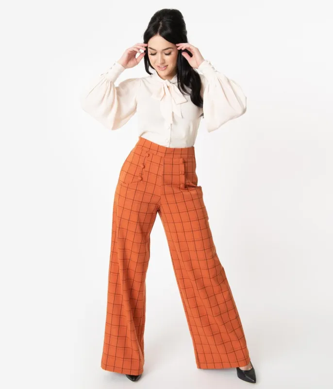 Unique Vintage 1940s Orange Windowpane High Waist Ginger Pants sold by Unique Vintage