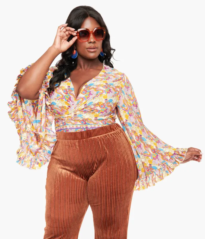 1970s Rainbow Floral Silk Bell Sleeve Wrap Simona Top sold by Unique Vintage