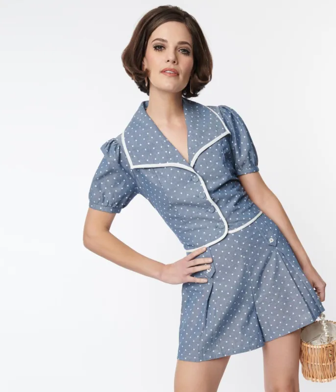 Smak Parlour Chambray & White Polka Dot Cropped Blouse sold by Unique Vintage