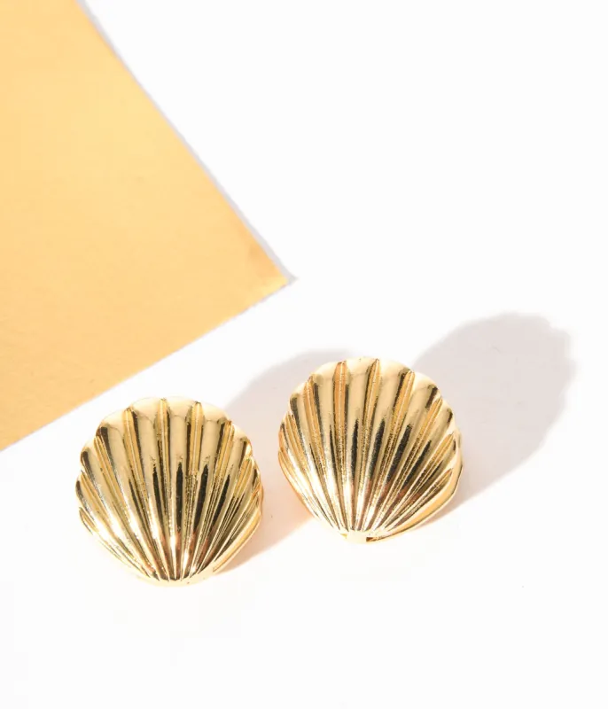 Gold Clam Shell Earrings sold by Unique Vintage