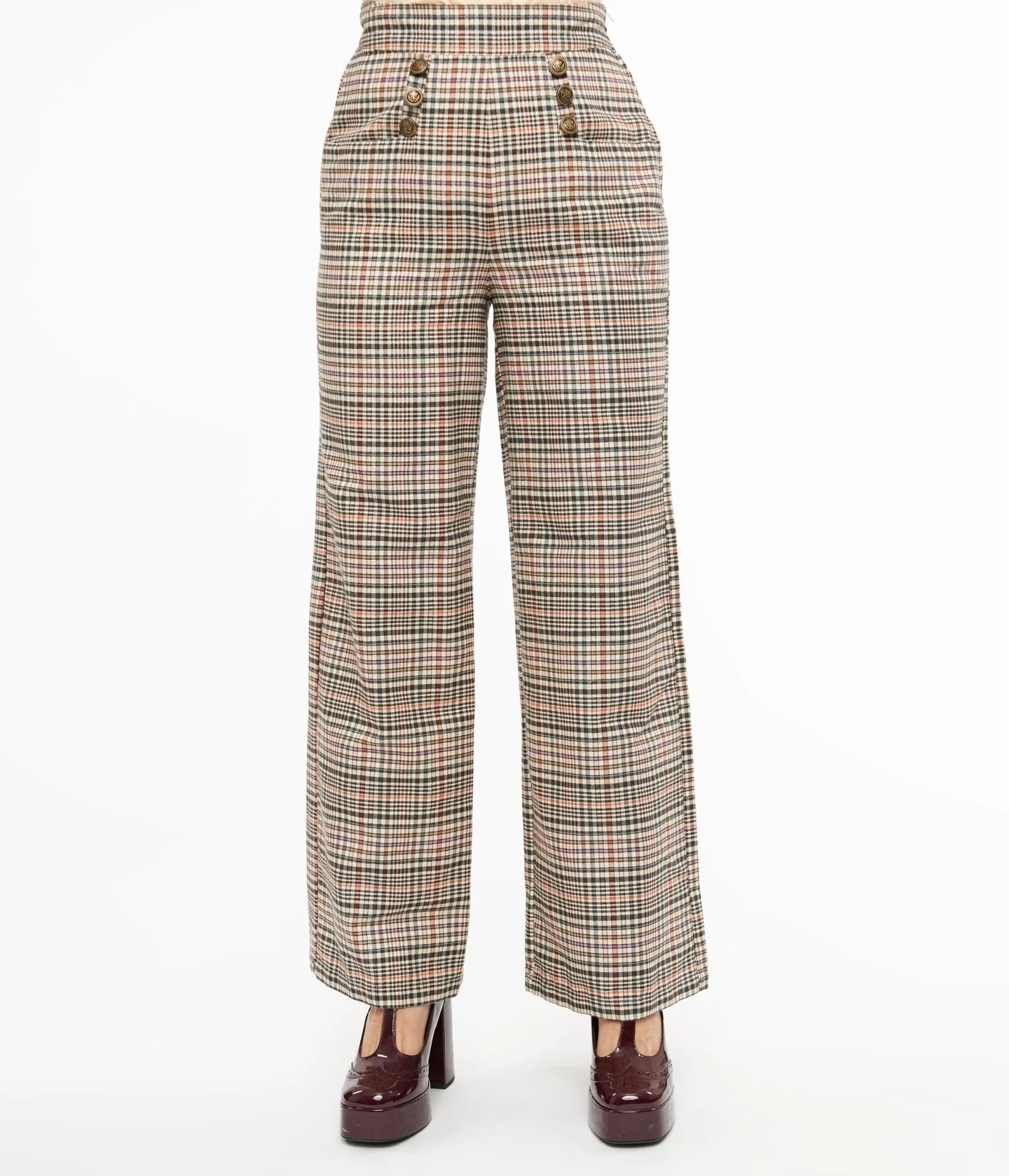Unique Vintage 1940s Beige Plaid High Waist Sailor Ginger Pants sold by Unique Vintage product image thumbnail 2