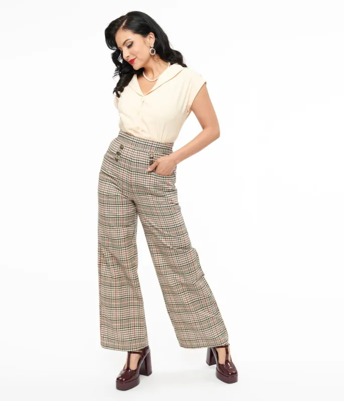 Unique Vintage 1940s Beige Plaid High Waist Sailor Ginger Pants sold by Unique Vintage