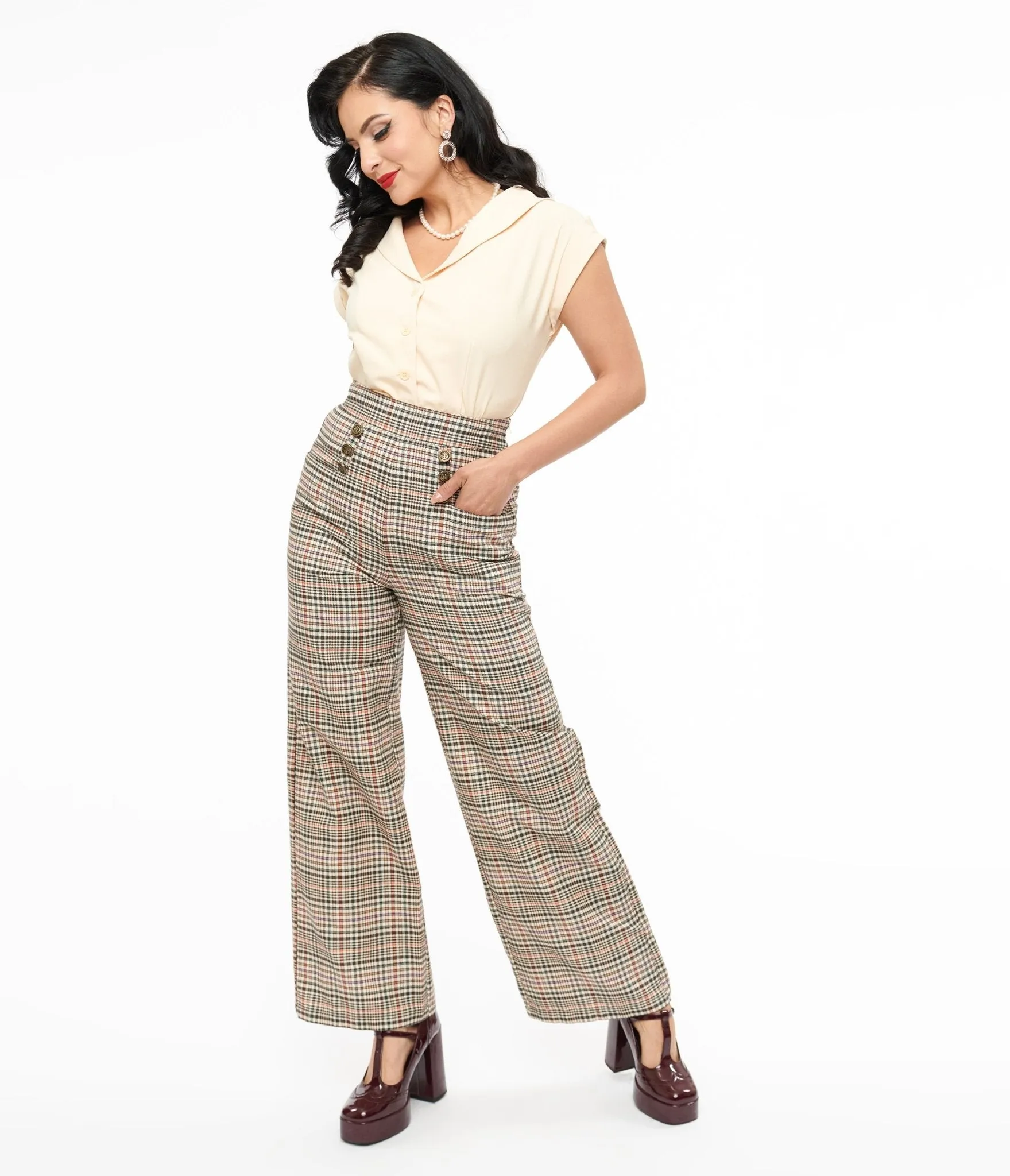 Unique Vintage 1940s Beige Plaid High Waist Sailor Ginger Pants sold by Unique Vintage