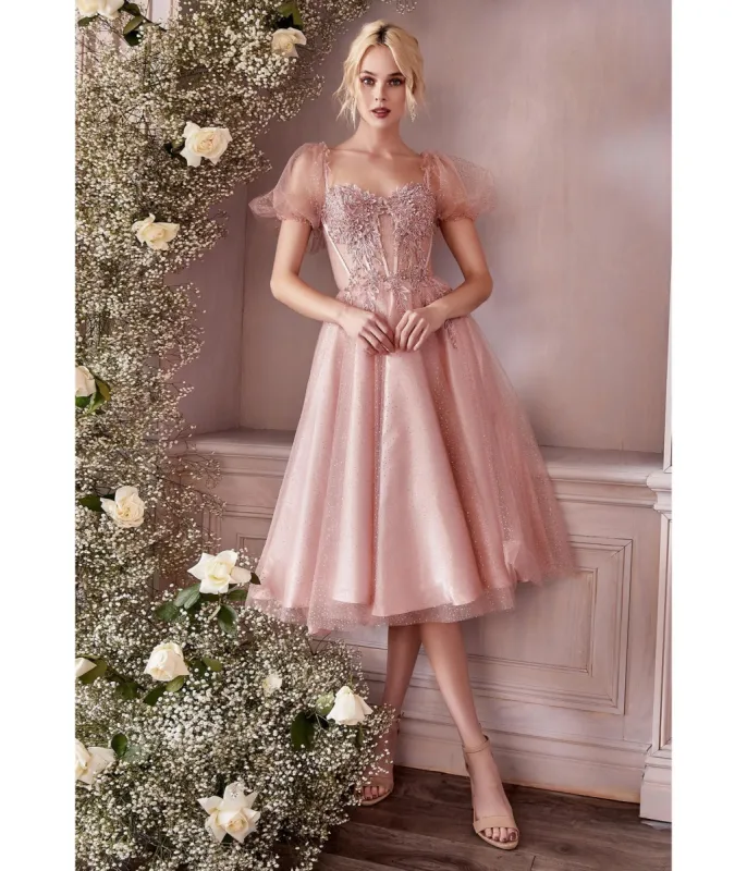 Ladivine by Cinderella Divine Blush Pink Glitter Floral Swing Prom Dress sold by Unique Vintage