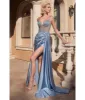 Cinderella Divine  Dusty Blue Satin Fitted Beaded Slit Evening Gown sold by Unique Vintage