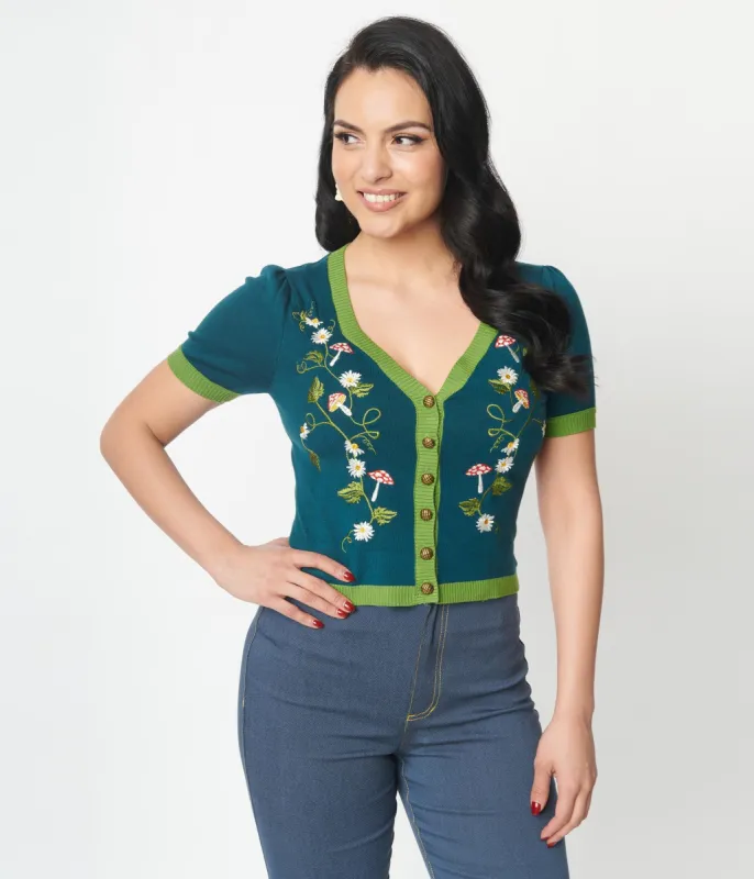 Unique Vintage Teal Mushroom & Daisy Embroidered Cardigan sold by Unique Vintage