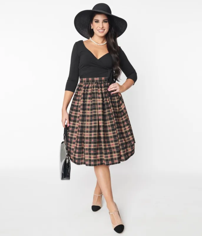 Unique Vintage Black & Burgundy Plaid Gellar Swing Skirt sold by Unique Vintage