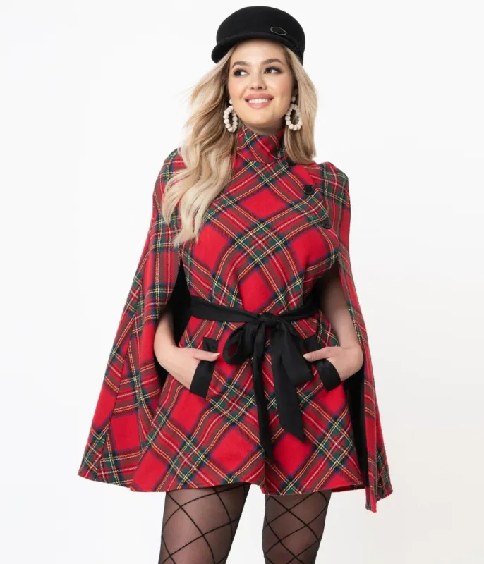 Smak Parlour Red Plaid Savile Row Cape Coat sold by Unique Vintage