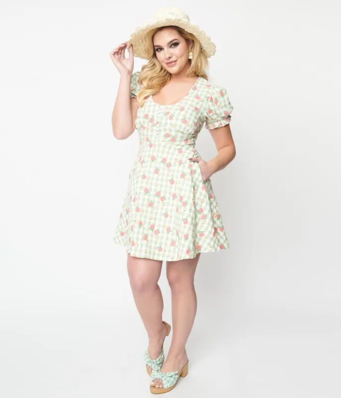 Unique Vintage 1940s Light Green Gingham & Peaches Flare Dress sold by Unique Vintage