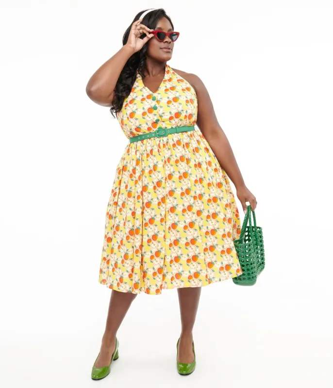 Unique Vintage Plus Size 1950s Yellow & Red Apple Print Cotton Halter Swing Dress sold by Unique Vintage