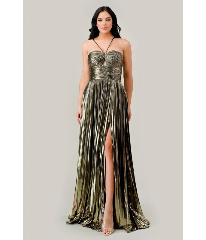 Cinderella Divine Metallic Gold Pleated Halter Prom Dress sold by Unique Vintage