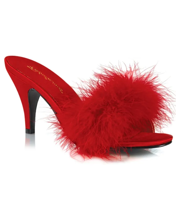 Red Satin & Marabou Feather Peep Toe Amour Heel Slipper sold by Unique Vintage