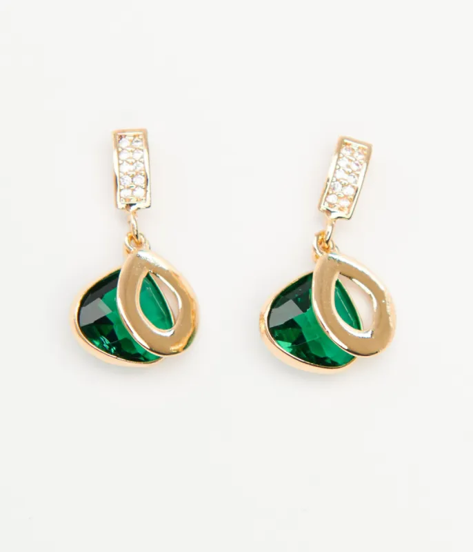 Gold & Emerald Green Rhinestone Drop Earrings sold by Unique Vintage