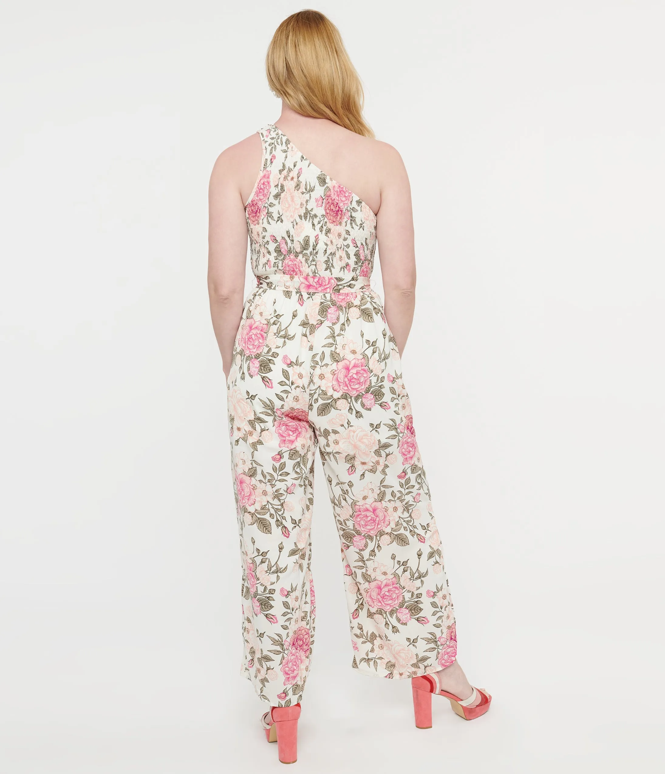 White & Pink Floral Asymmetrical Chiffon Jumpsuit sold by Unique Vintage product image thumbnail 2