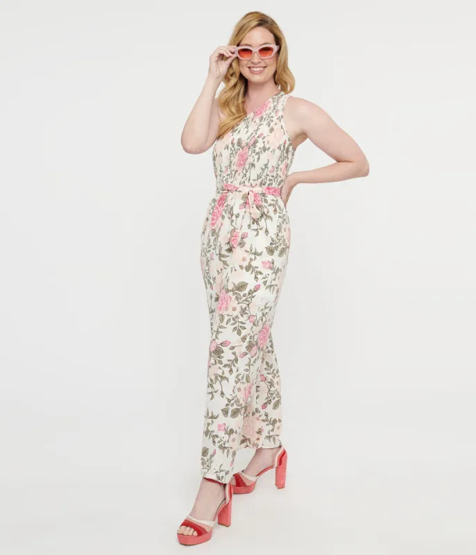 White & Pink Floral Asymmetrical Chiffon Jumpsuit sold by Unique Vintage