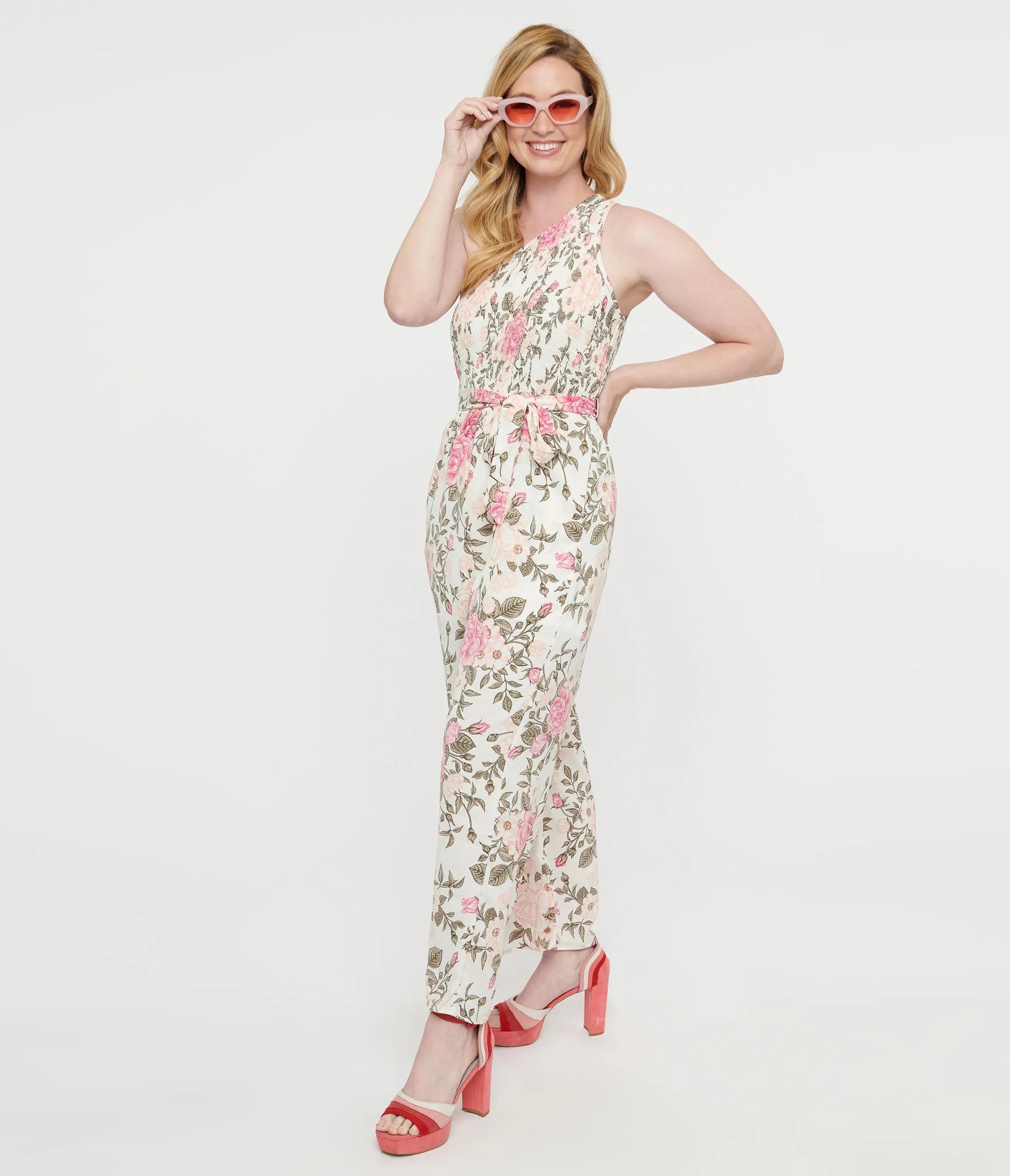 White & Pink Floral Asymmetrical Chiffon Jumpsuit sold by Unique Vintage