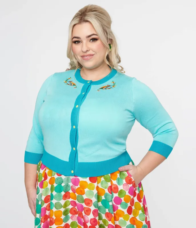 Plus Size 1950s Light Blue & Chameleon Cardigan sold by Unique Vintage