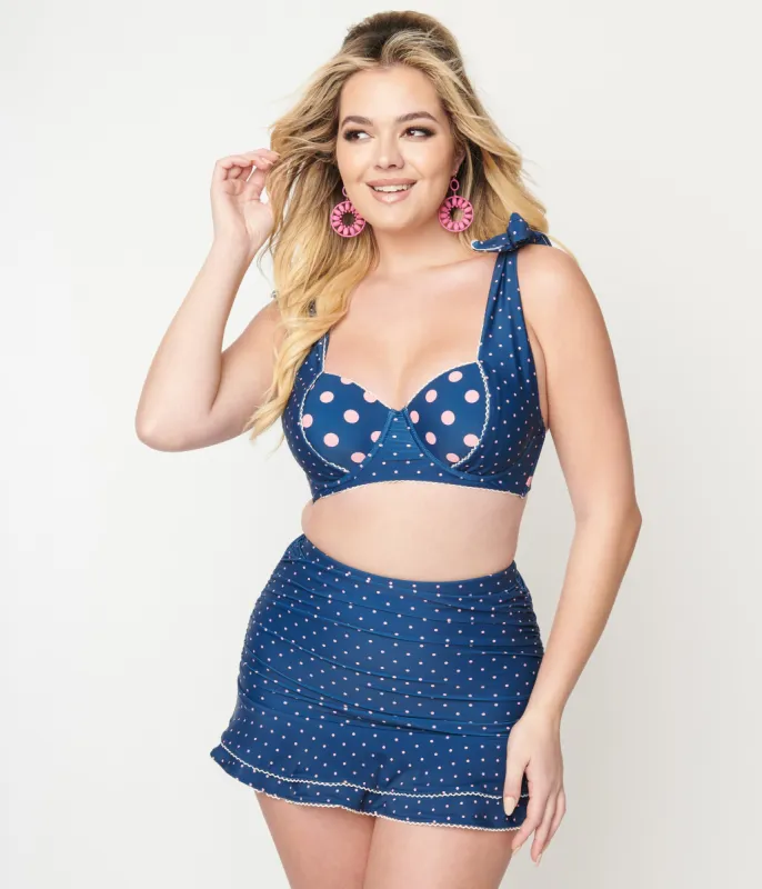 Unique Vintage Navy & Pink Pin Dot Alice Swim Skirt made by Unique Vintage