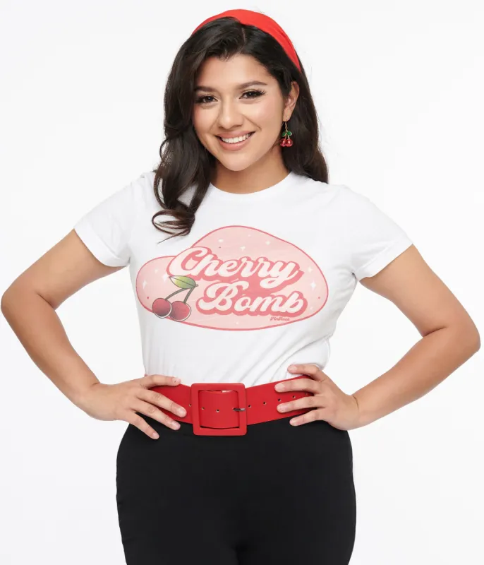1950s White & Red Cherry Bomb Fitted Graphic Tee sold by Unique Vintage