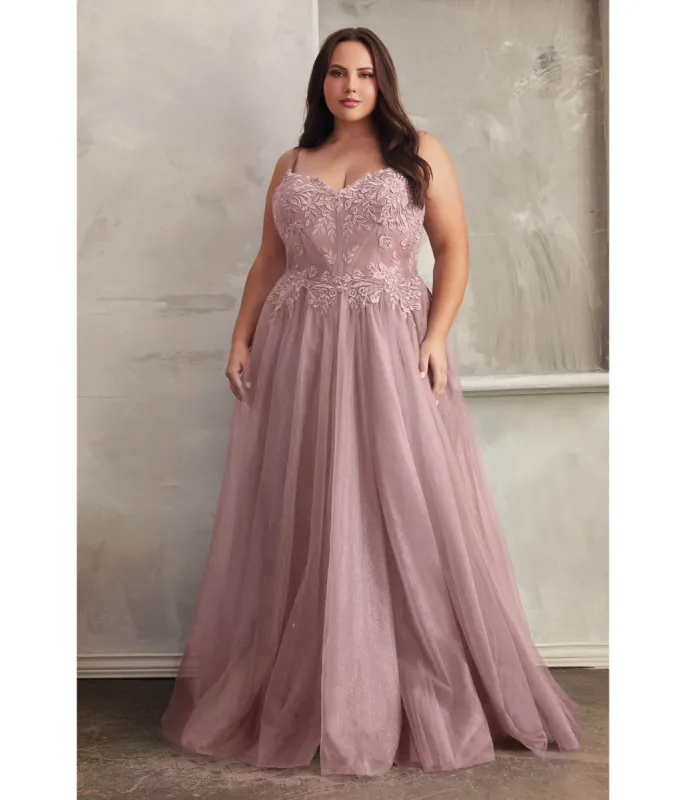 Ladivine by Cinderella Divine Plus Size Mauve Foliage Applique Corset Tulle Gown sold by Unique Vintage