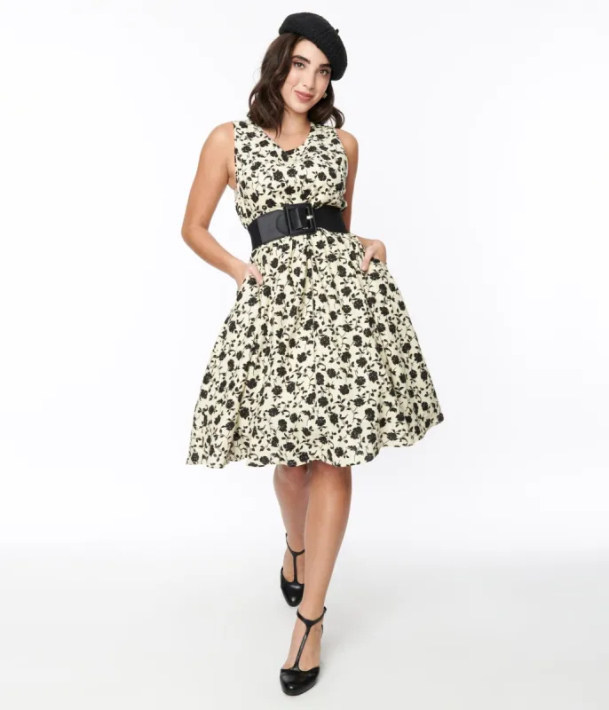 Cream & Black Floral Swing Dress sold by Unique Vintage