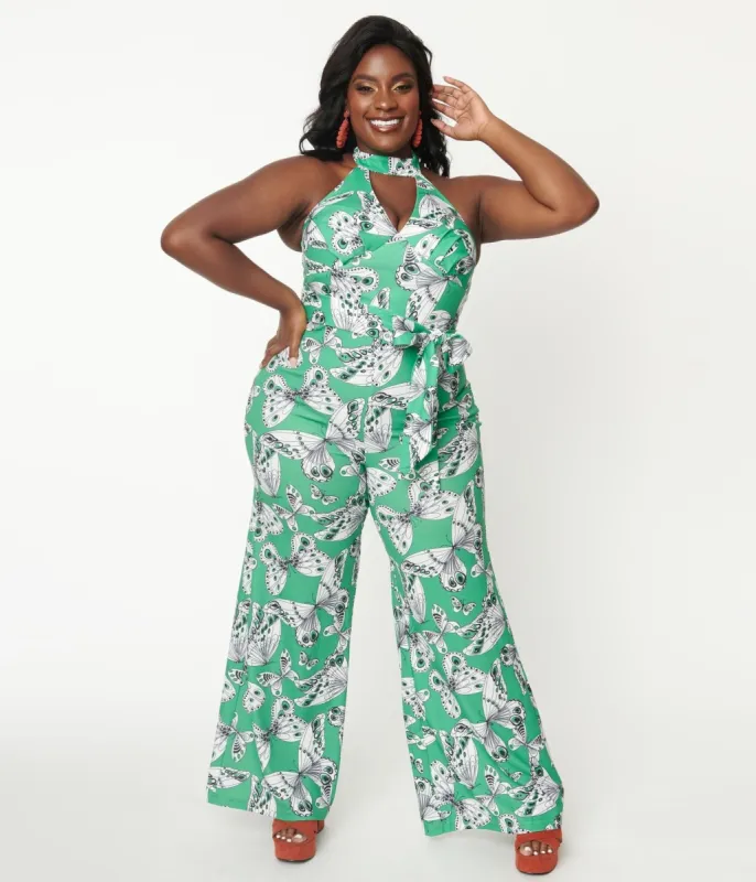 Smak Parlour Plus Size Green Butterfly Print Glamour Goddess Jumpsuit sold by Unique Vintage