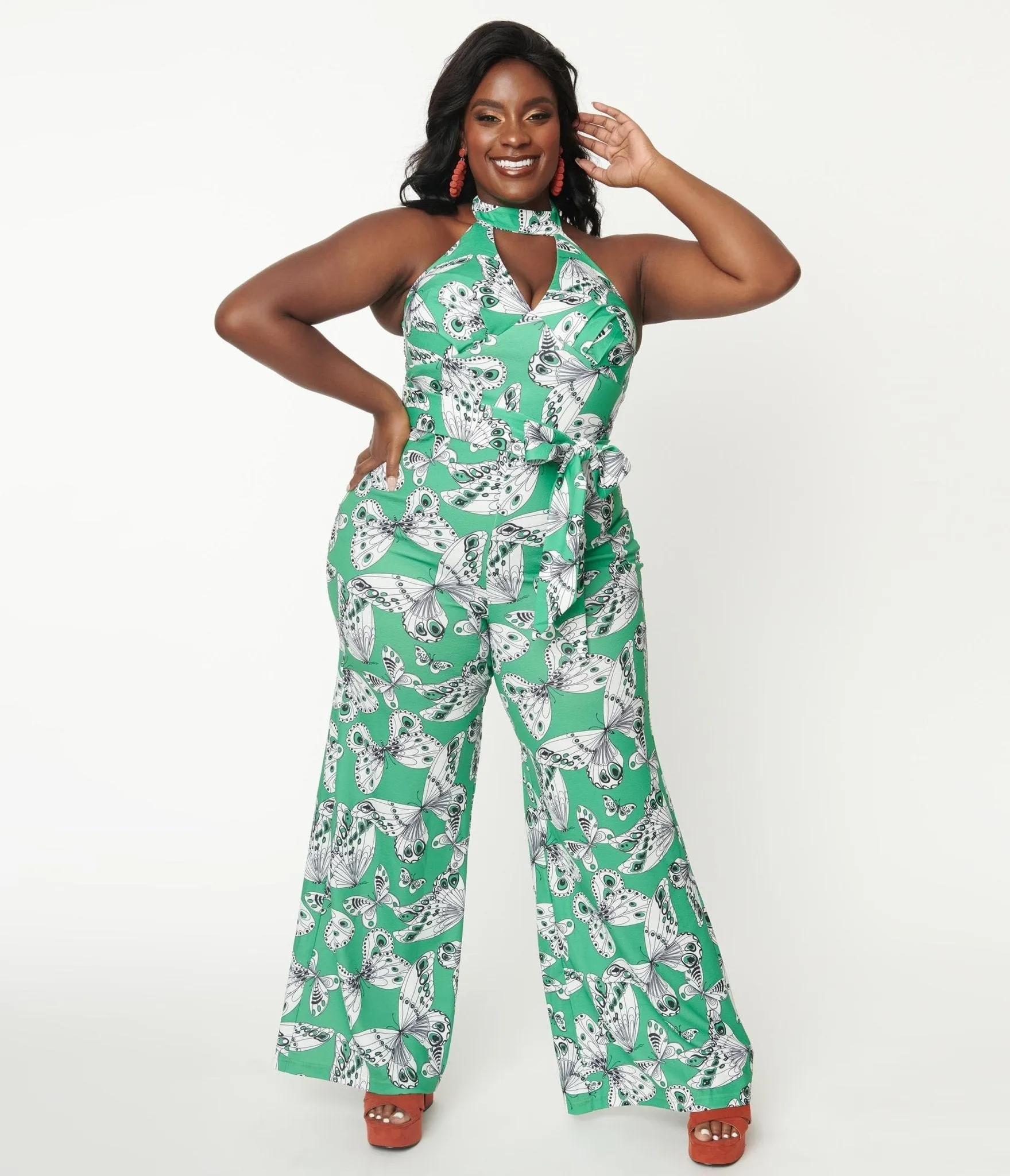 Smak Parlour Plus Size Green Butterfly Print Glamour Goddess Jumpsuit sold by Unique Vintage