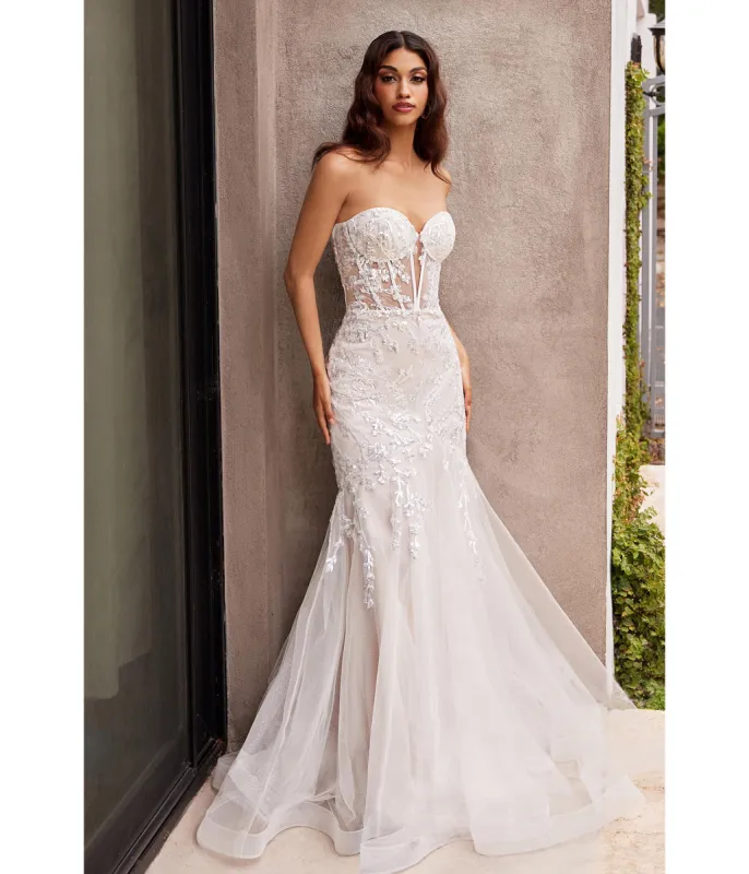 Ladivine by Cinderella Divine French White Floral Embellished Mermaid Bridal Gown sold by Unique Vintage
