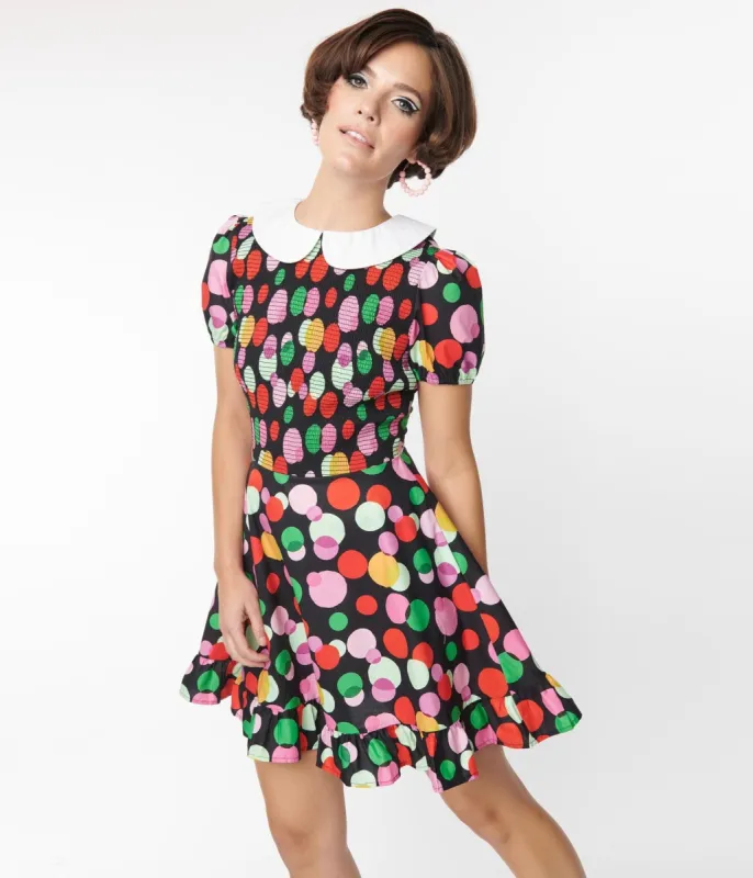 Smak Parlour Black & Rainbow Dot Smocked Fit & Flare Dress sold by Unique Vintage