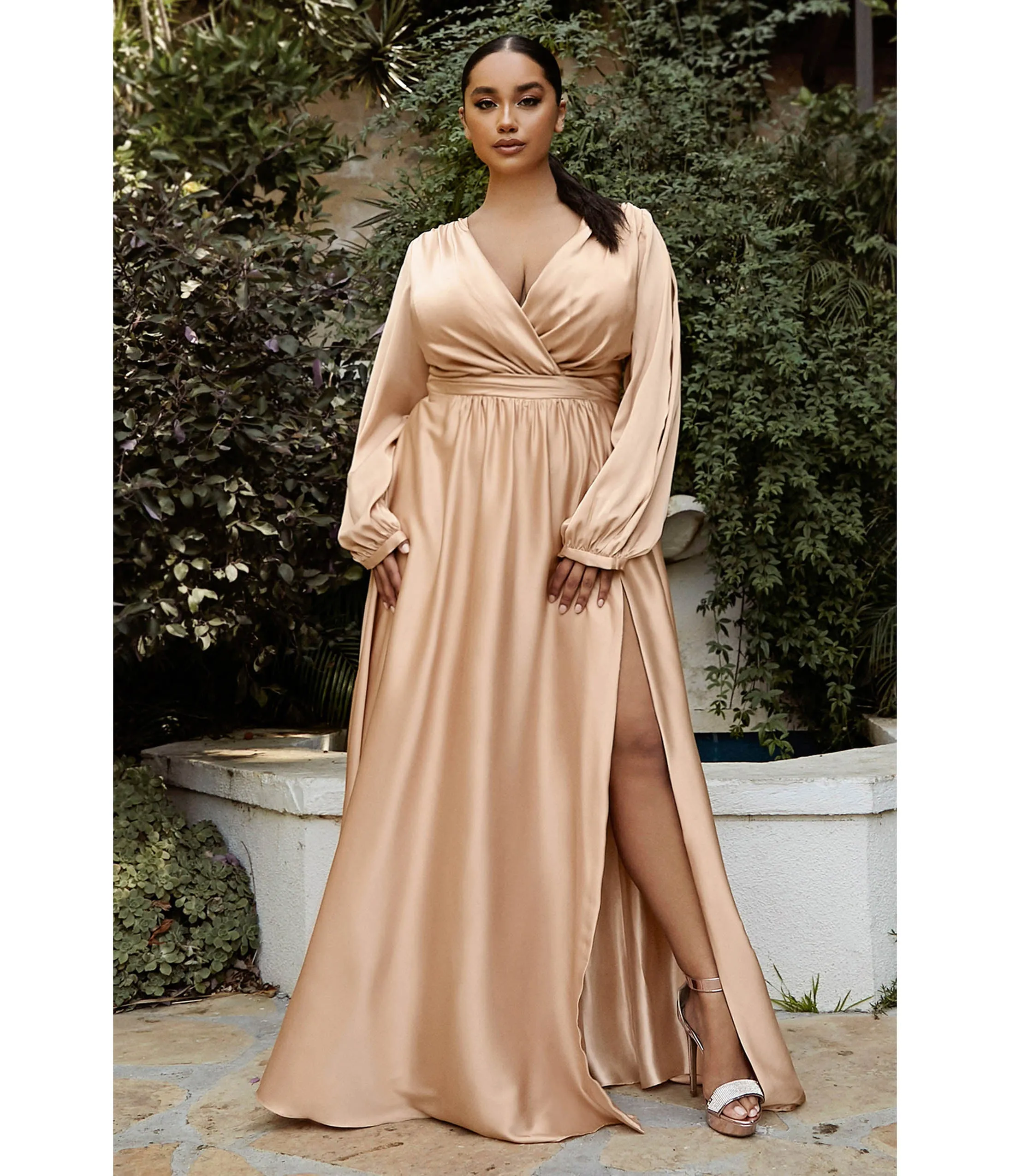 Cinderella Divine Plus Size Nude Satin Blouson Sleeve Evening Gown sold by Unique Vintage