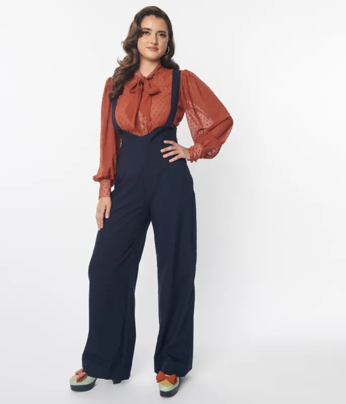 Unique Vintage Navy Wide Leg Suspender Pants sold by Unique Vintage