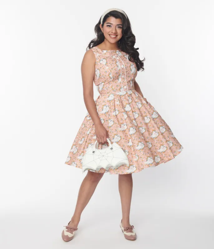 Retrolicious Pink & Ghost Print Elizabeth Swing Dress sold by Unique Vintage