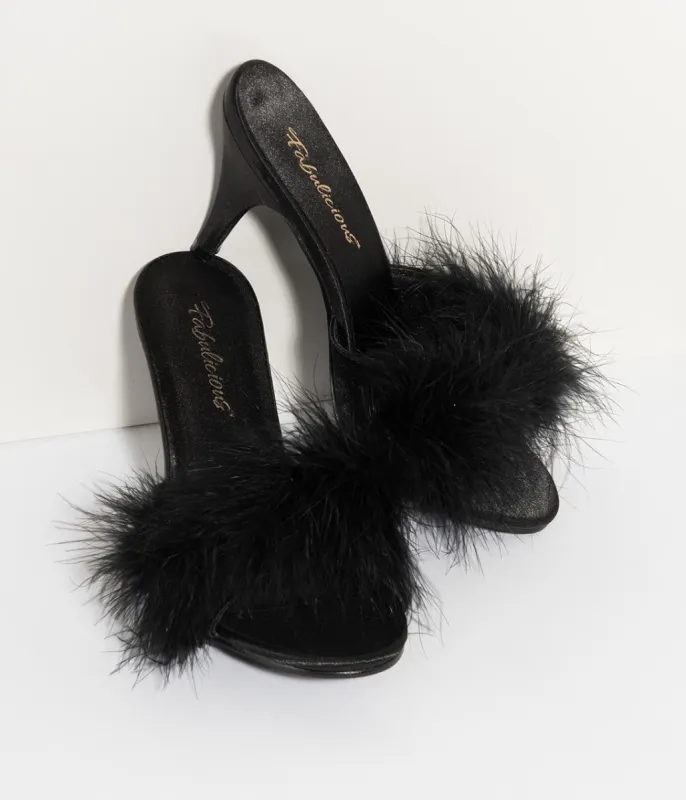 Black Satin & Marabou Feather Peep Toe Amour Heel Slipper sold by Unique Vintage