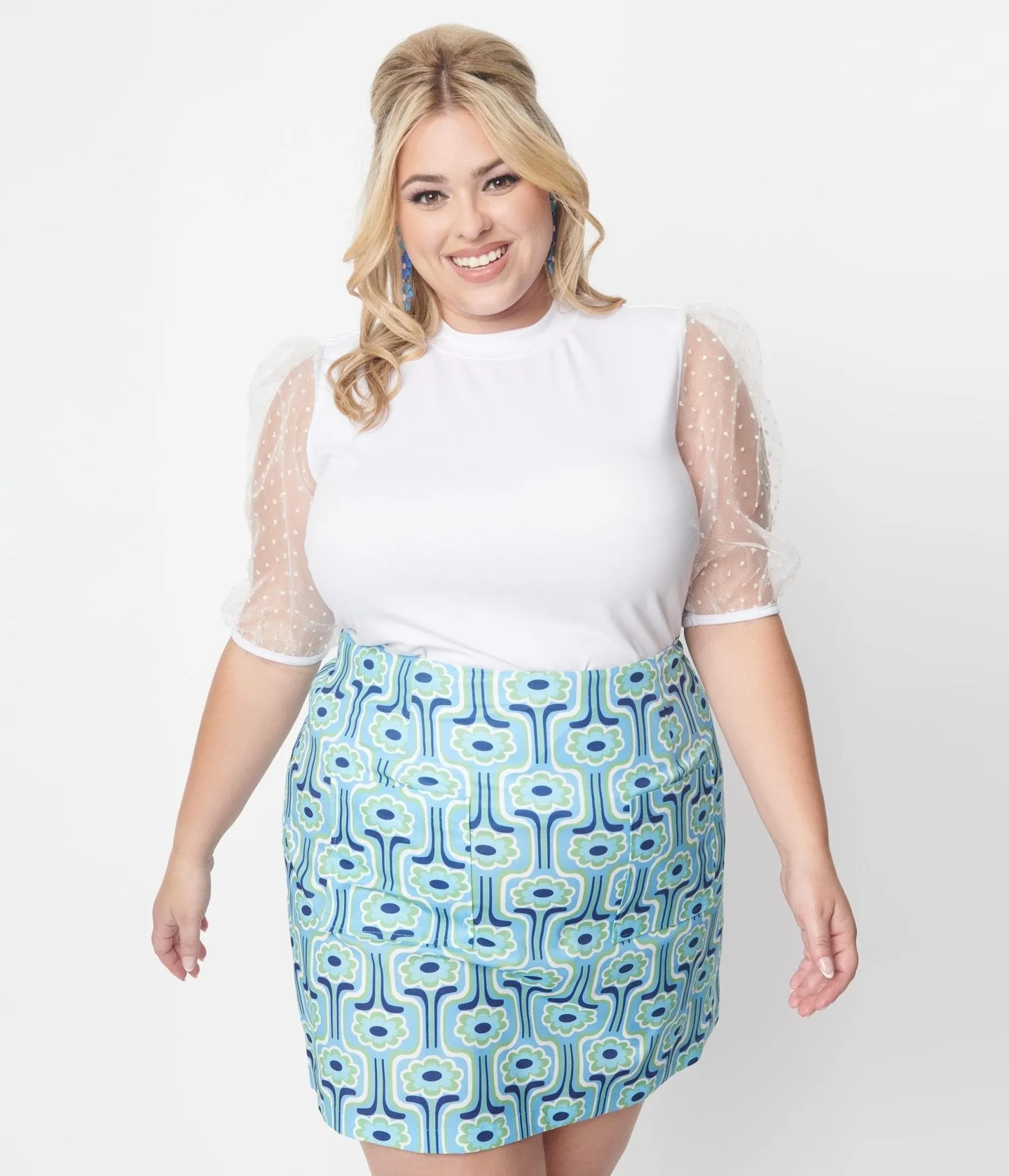 Plus Size White & Clip Dot Balloon Sleeved Top sold by Unique Vintage