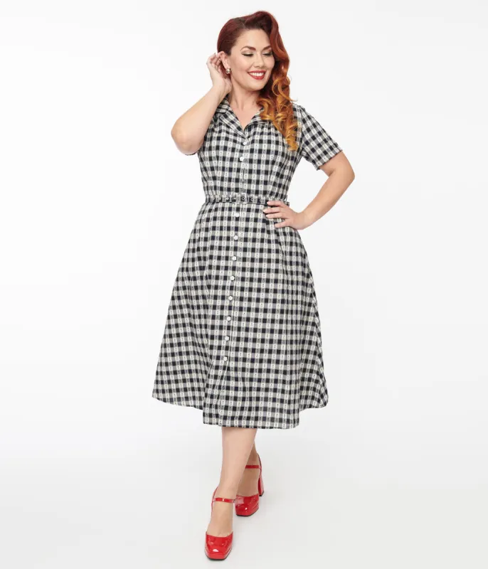 1940s Navy Plaid Cherry Cotton Midi Dress sold by Unique Vintage